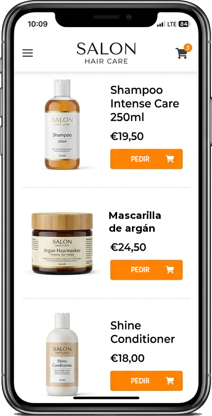 Ejemplo de web de pedidos para peluquerías, champú y cuidado del cabello